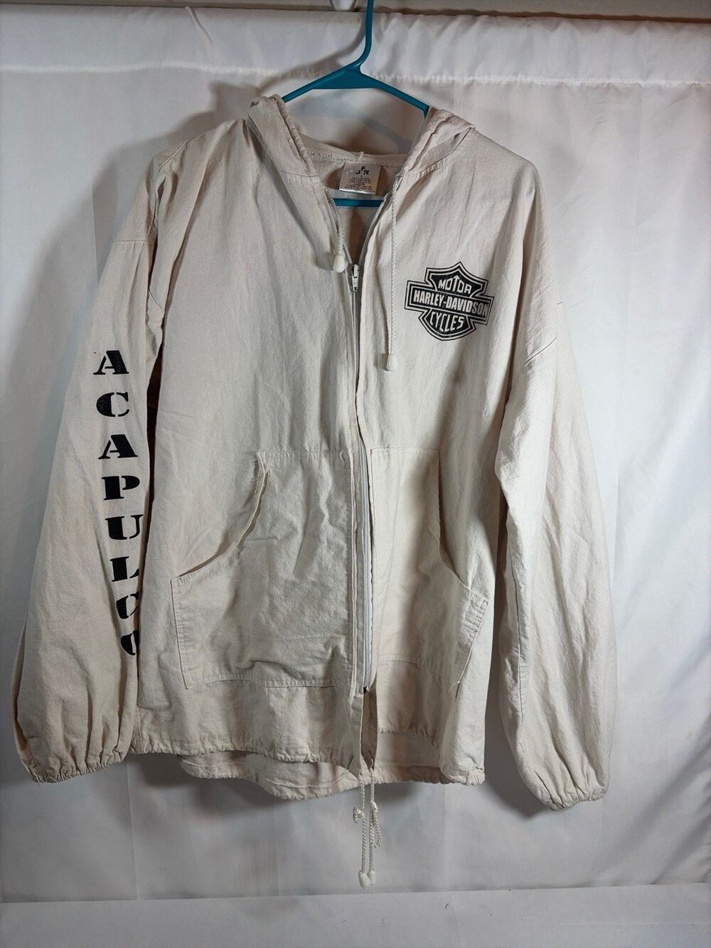 Vintage Harley Davidson Jacket Mens Large Cream Hooded Windbreaker Acapulco JNR